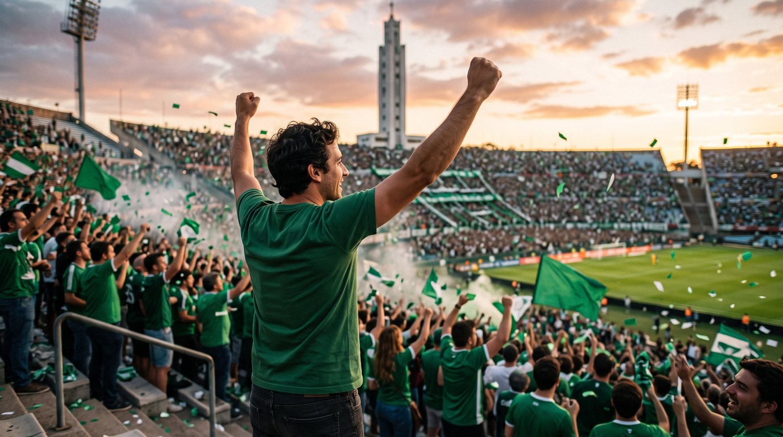 Torcedor de camisa verde comemorando com os braços para cima na arquibancada de um estádio histórico em Montevidéu, ao pôr do sol