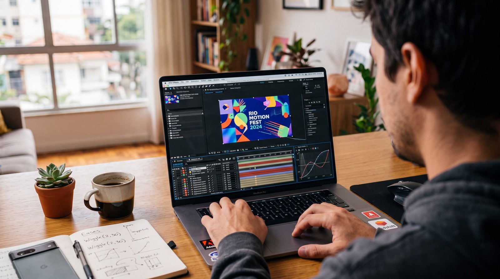 Pessoa animando uma peça colorida no After Effects em um notebook, com curvas de animação na tela, representando motion design para empresas