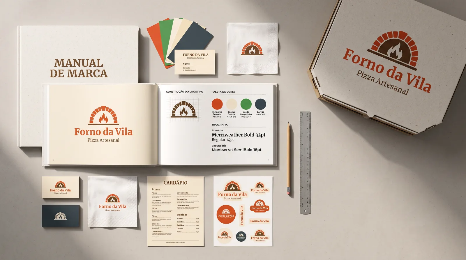 Mockup de identidade visual completa de uma pizzaria com manual da marca, paleta de cores, tipografia, cartões de visita, guardanapos, cardápio, adesivos e caixa de pizza.