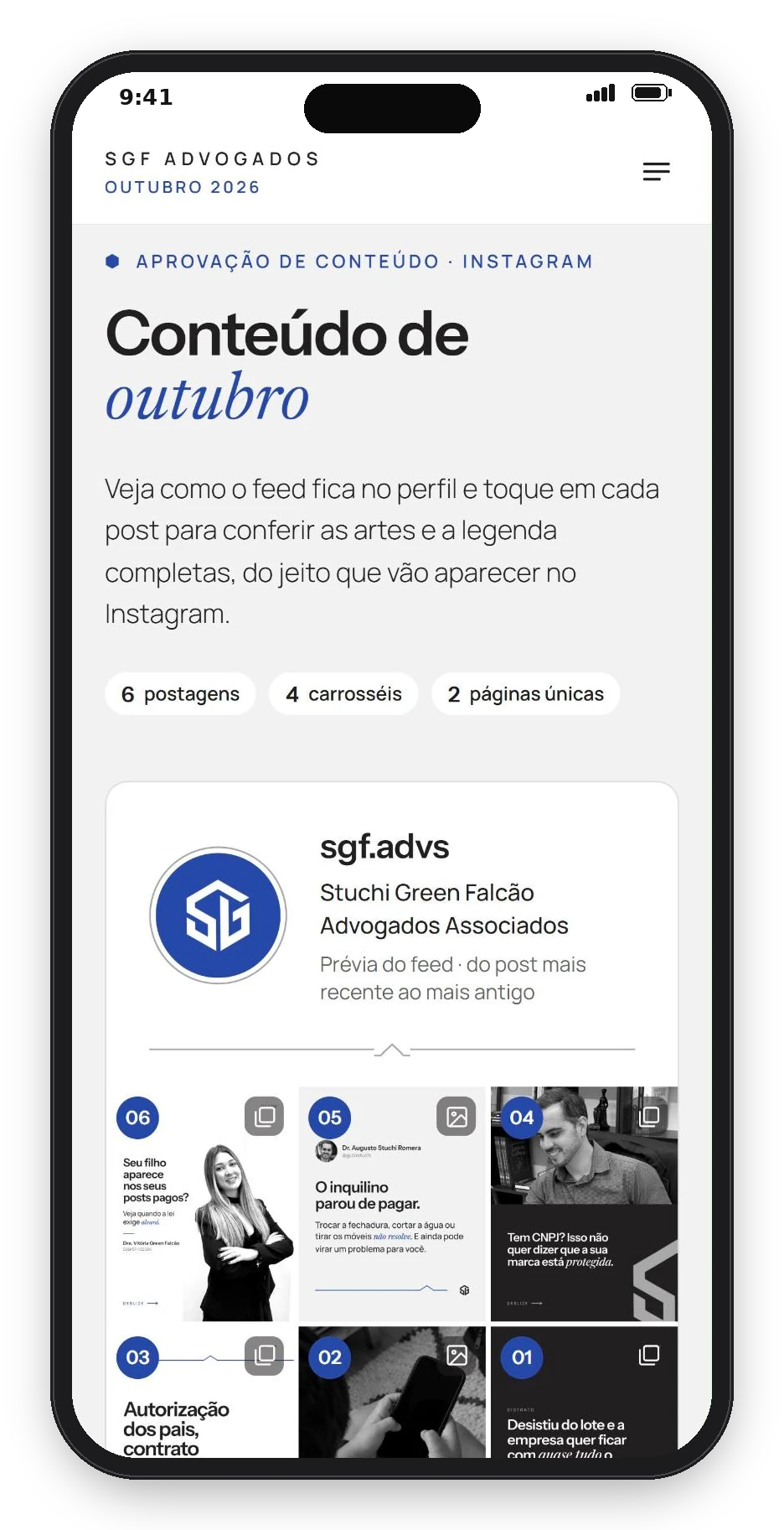 prévia da página de aprovação de conteúdo de SGF Advogados